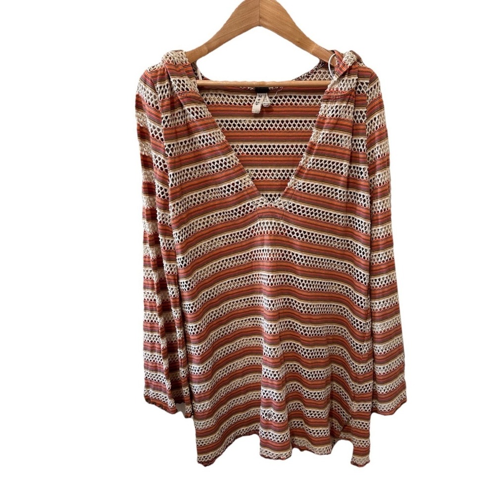 We The Free Free People Striped Hooded‎ Tunic Top Open Knit Boho V-Neck Medium